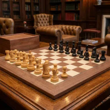 Jeu d'échecs Levisham noir et noyer sur une table en bois dans une ambiance chaleureuse