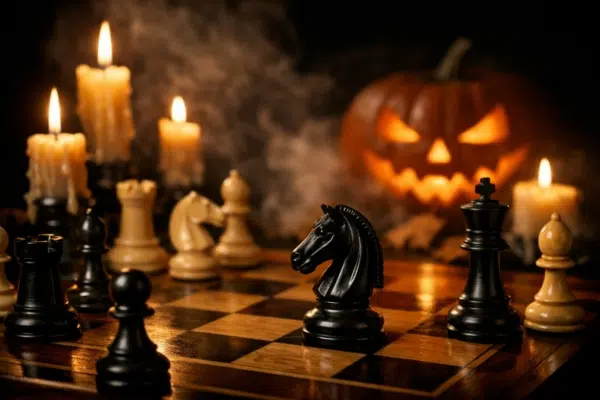 Skakparti ved lys med et Halloween-græskar i baggrunden